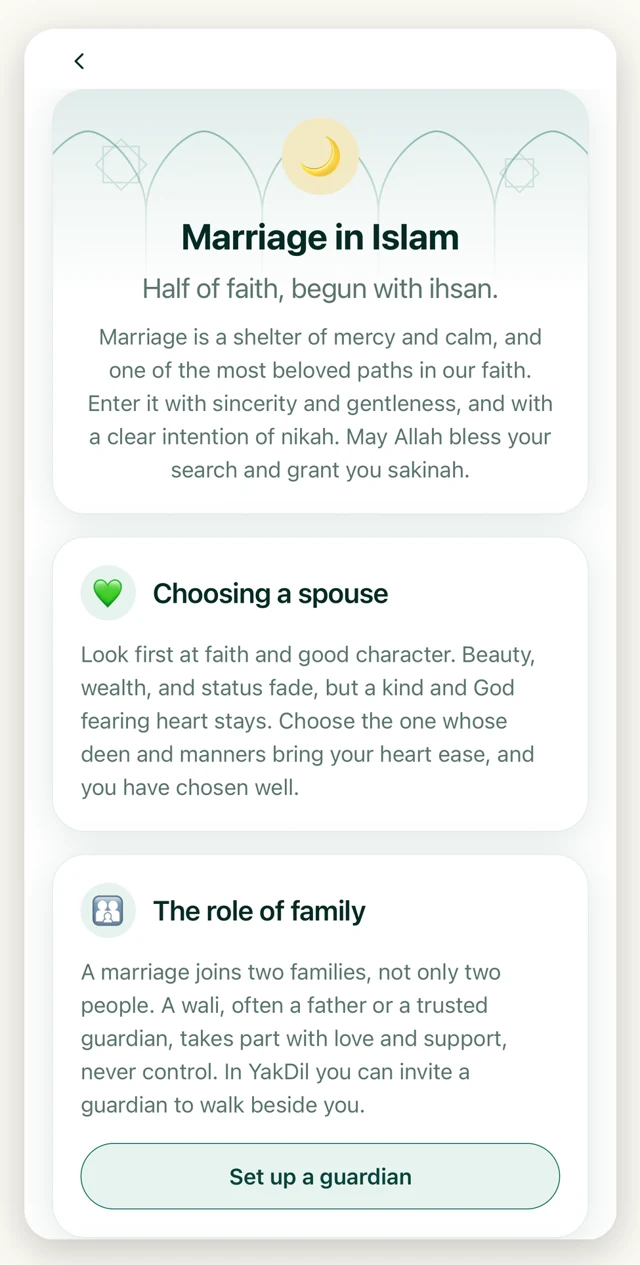 The Marriage in Islam guidance screen in the YakDil app